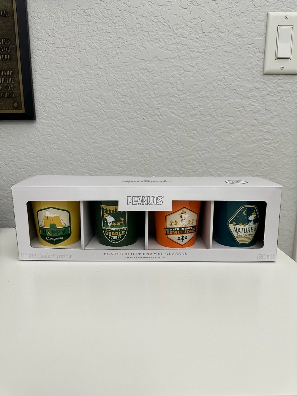 Hallmark Snoopy Peanuts Beagle Scout 50 Years Enamel Glasses Set Of 4-NEW